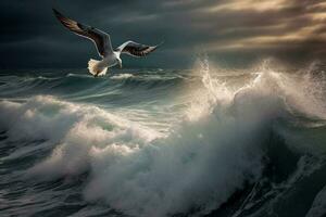 A seagull is flying over a wave in the ocean Ai generative photo