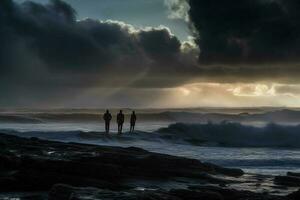 people standing in the ocean under a cloudy sky.,Ai Generative photo