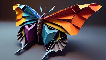 Multi colored butterfly illustration flying over geometric shapes generated by AI photo
