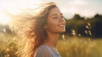 contento mujer en el soleado campo. ilustración ai generativo foto