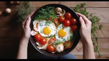 Frying pan with cooked eggs, herbs, cheese, tomatoes. Illustration photo