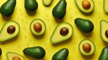 Yellow background with avocado. Flat lay. Illustration photo