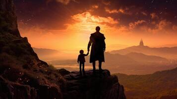 Father and his child standing on top of the mountain at sunset, in the style of superheroes. Illustration photo