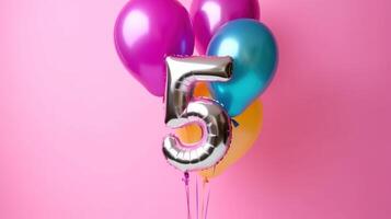 Pink background with balloon number 5. Illustration photo