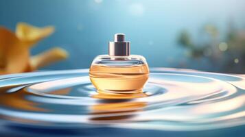 Cosmetic bottle displayed on the wavy ripple water background. Illustration photo