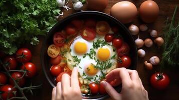 Frying pan with cooked eggs, herbs, cheese, tomatoes. Illustration photo