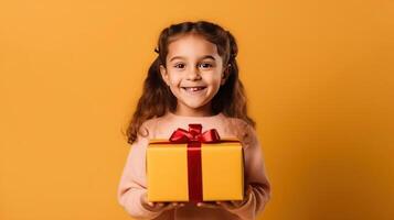 hermosa niña con regalo caja. ilustración ai generativo foto