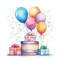 Watercolor Happy Birthday Gift Boxes with Balloons. Illustration photo