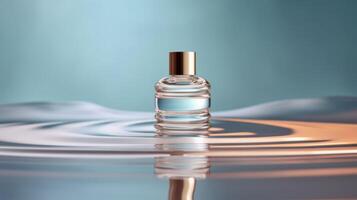 Cosmetic bottle displayed on the wavy ripple water background. Illustration photo