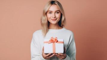 hermosa niña con regalo caja. ilustración ai generativo foto