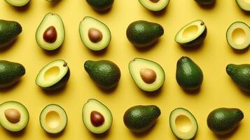 Yellow background with avocado. Flat lay. Illustration photo