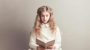 joven niña lee libro. ilustración ai generativo foto