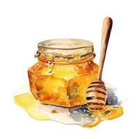 Watercolor honey jar with spoon. Illustration photo