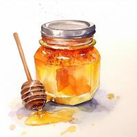 Watercolor honey jar with spoon. Illustration photo