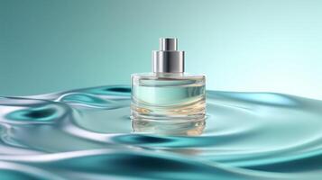 Cosmetic bottle displayed on the wavy ripple water background. Illustration photo