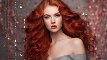 Long red curly hair girl. Illustration photo