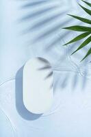 Podium or pedestal with water ripple and palm leaves shadow flat lay, top view. Summer cosmetic template, mock up photo