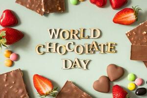 World chocolate day text with chocolate flat lay, top view on pastel green background photo