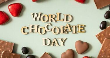 World chocolate day text with chocolate flat lay, top view on pastel green background photo