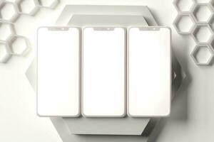 Clayphone mockup with podium and hexagons design ui ux screen presentation photo