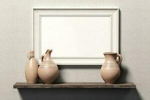 Poster in a white frame on the wall with clay jars on the wooden shelf photo