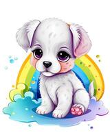 Dog cartoon illustration for kids. Cute colorful puppy set illustration. Baby dog sitting on a white background. Beautiful puppy illustration bundle with colorful rainbows. . photo