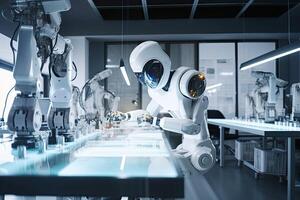 3d rendering robot working in the laboratory, artificial intelligence and machine learning concept, An AI robot scientist doing experiments in the laboratory, photo