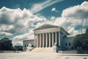 Thomas Jefferson monumento en Washington corriente continua, unido estados de America. americano punto de referencia. un Clásico supremo Corte fuera de ver con un azul cielo, ai generado foto