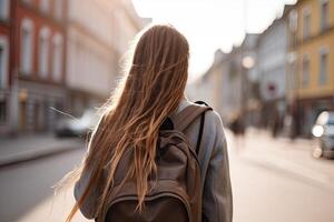 Back view of a young woman with long hair walking on the street, A teenage girl student with long flowing hair and carrying a backpack, photo