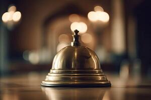 Restaurant Reception Bell. vintage effect style picture with shallow depth of field, A closeup of a hotel service bell is placed on the reception counter, photo