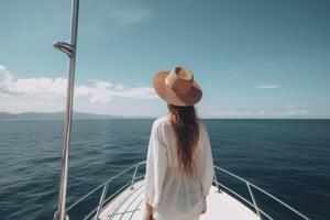 Beautiful young woman in a straw hat on a yacht in the sea, A beautiful young lady full rear view without a face, photo