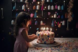 linda pequeño niña soplo fuera velas en un cumpleaños pastel en un oscuro habitación, un pequeño niña soplo fuera un vela en un cumpleaños pastel, ai generado foto