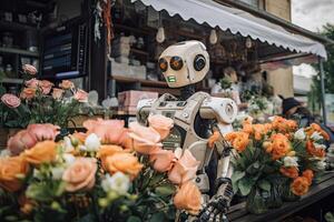 Robot at flower shop in Barcelona, A robot florist selling flowers in the market, photo