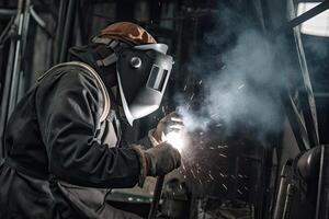 soldador en protector máscara soldaduras metal a fábrica. industrial y construcción concepto. un trabajador vistiendo un soldadura casco soldadura un metal pedazo, blindado desde chispas, ai generado foto