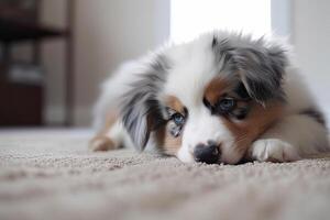Puppy of australian shepherd lying on carpet at home photo