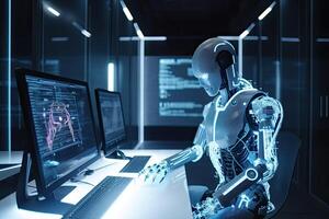 3d rendering humanoid robot working with a computer in a dark office room, A futuristic AI robot programming on a personal computer, photo