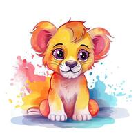 Cartoon lion sitting and smiling. Colorful lion cub collection on a white background. Playful baby lion set with color splashes. Baby lion with colorful fur sitting illustration. . photo