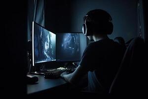 joven hombre jugando computadora juegos a noche en oscuro habitación. juego de azar jugadores concepto. un jugador chico lleno posterior ver jugando en un computadora, ai generado foto
