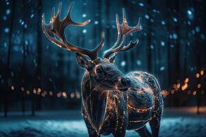 Reindeer with Christmas lights in the forest at night. 3D rendering. A magic festive reindeer covered in glowing lights, photo