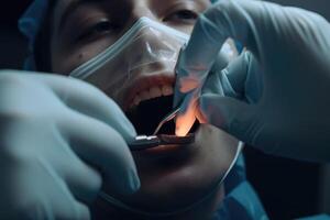 dentista examinando del paciente dientes con dental herramientas. odontología concepto. un dentista quitando un malo diente desde un paciente boca, ai generado foto