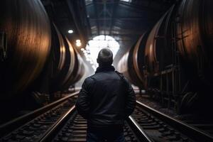 ferrocarril estación. un hombre en un negro chaqueta soportes en el túnel. un ingeniero posterior ver trabajando en frente de acero tubería , ai generado foto