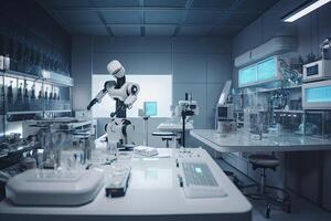 3d rendering humanoid robot working in the laboratory. Technology and science concept. An AI robot in a laboratory doing chemical research, photo
