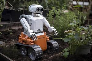 Robot model in the garden. Concept of artificial intelligence and machine learning. A robot gardener taking care of a garden, photo