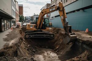 excavador trabajando en un construcción sitio. pesado deber construcción equipo a trabajar. un excavador excavación un profundo pozo en un urbano camino, ai generado foto