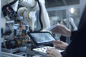 Close up of robot arm and factory worker using digital tablet. Technology and industrial concept. An engineer rearview and hands close up working with computer tablet, photo