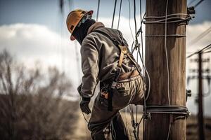 electricista a trabajo en un alto voltaje poder línea en el campo, un utilidad guardavía vistiendo un la seguridad casco posterior vista, ai generado foto