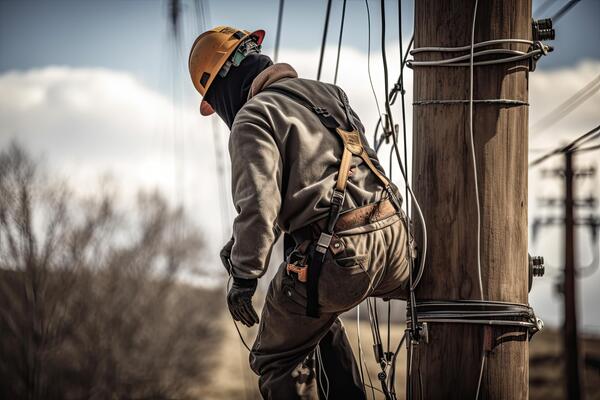 Electrician at work on a high voltage power line in the