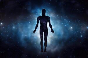 Digital illustration of human body against space background with stars and nebula, Astral body silhouette with abstract space background, photo