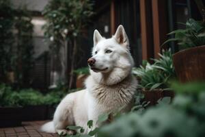 Portrait of a beautiful Siberian husky sitting in the garden photo