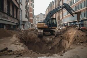 excavator working on a construction site in european city, An excavator digging a deep pit on an urban road, photo